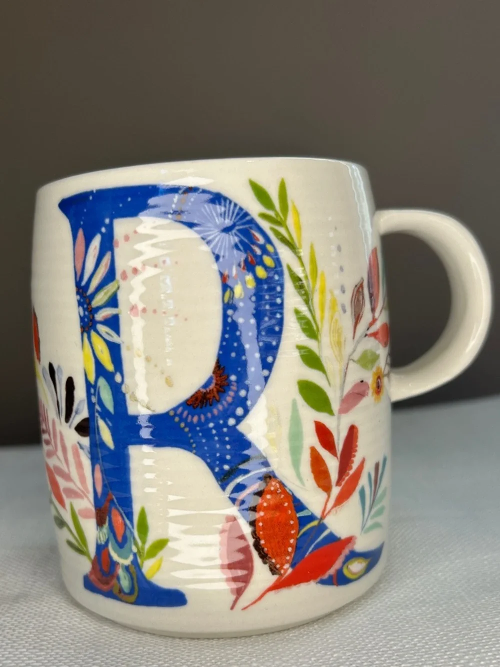 Anthropologie Ceramic Floral Monogram Mug - Blue R